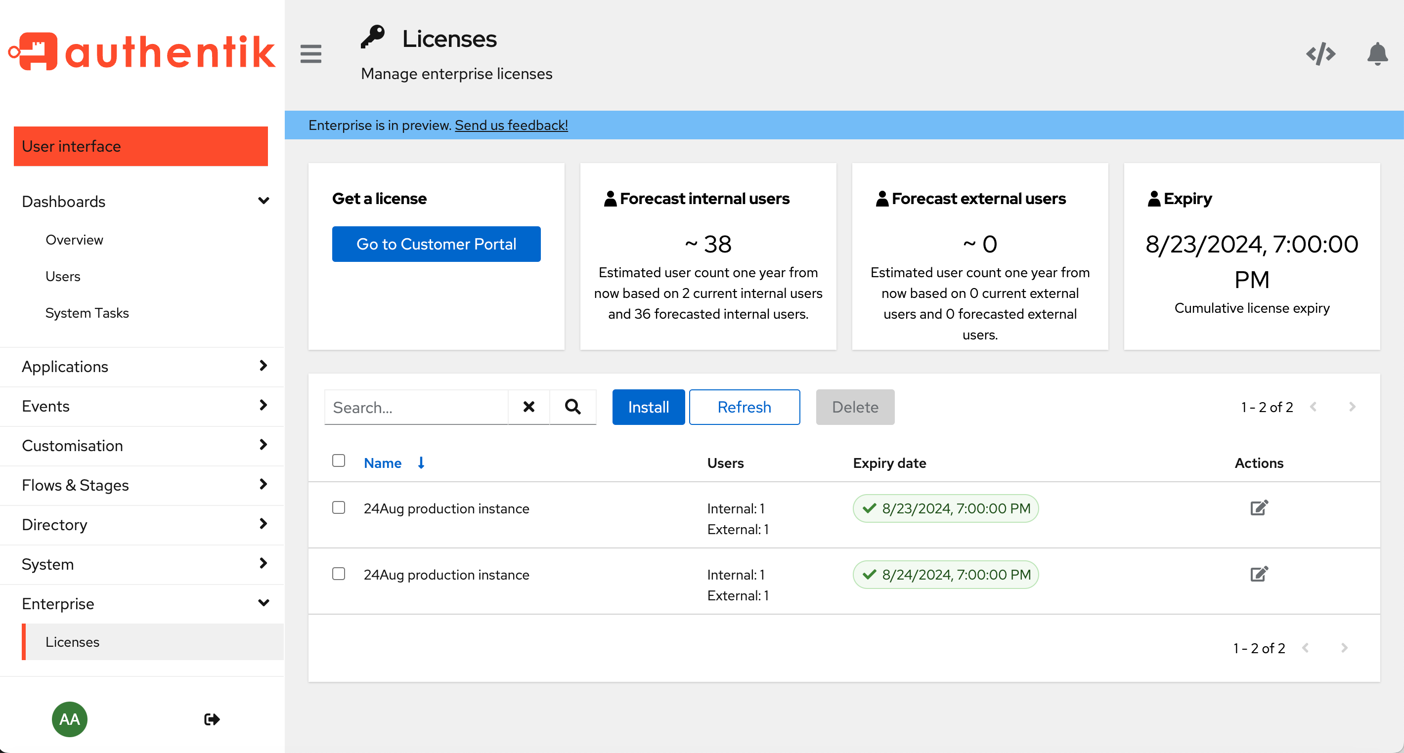 "Admin interface licenses page"